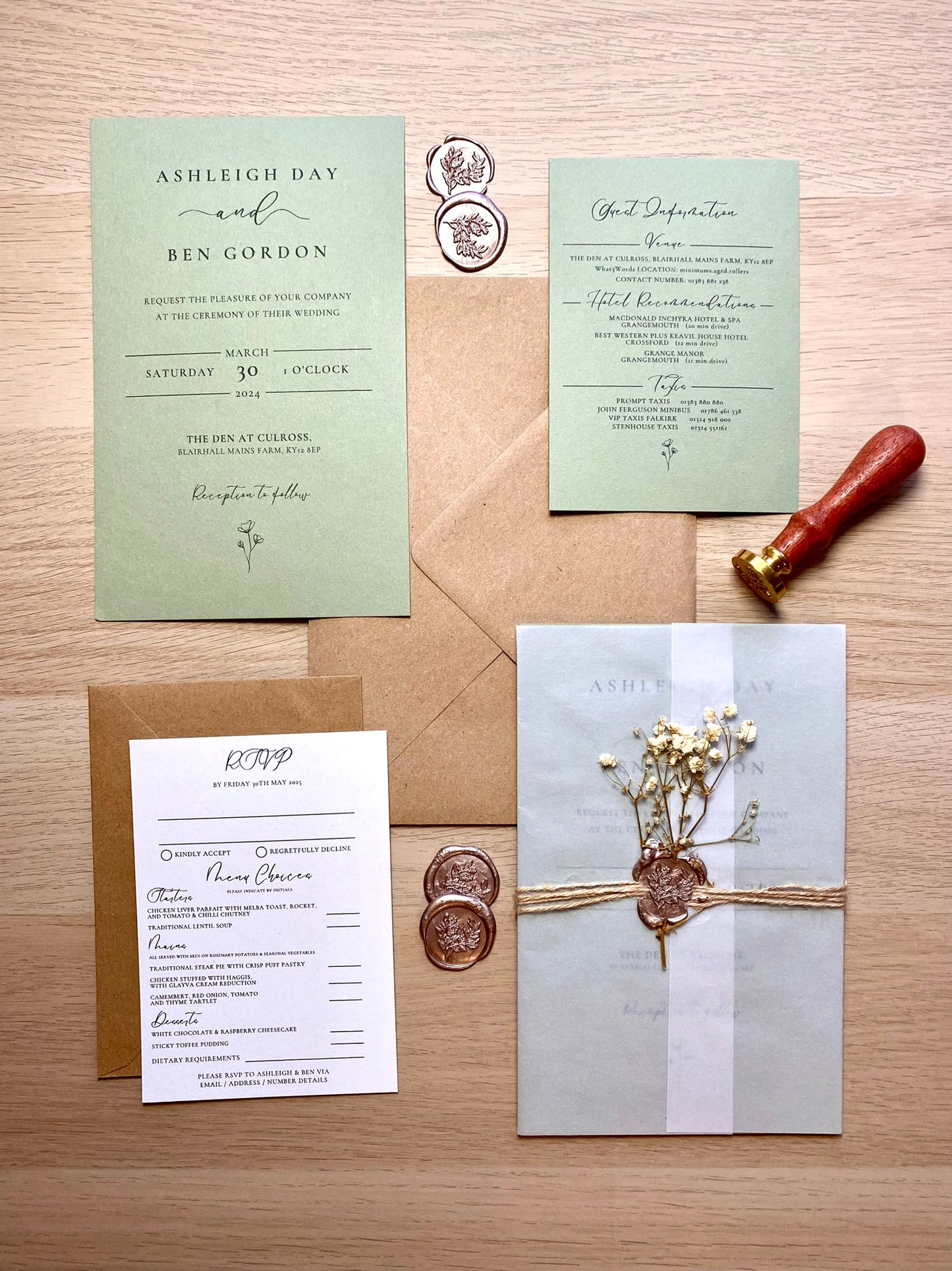 Rustic Sage Green Wedding Invitation Set - The Culross Suite