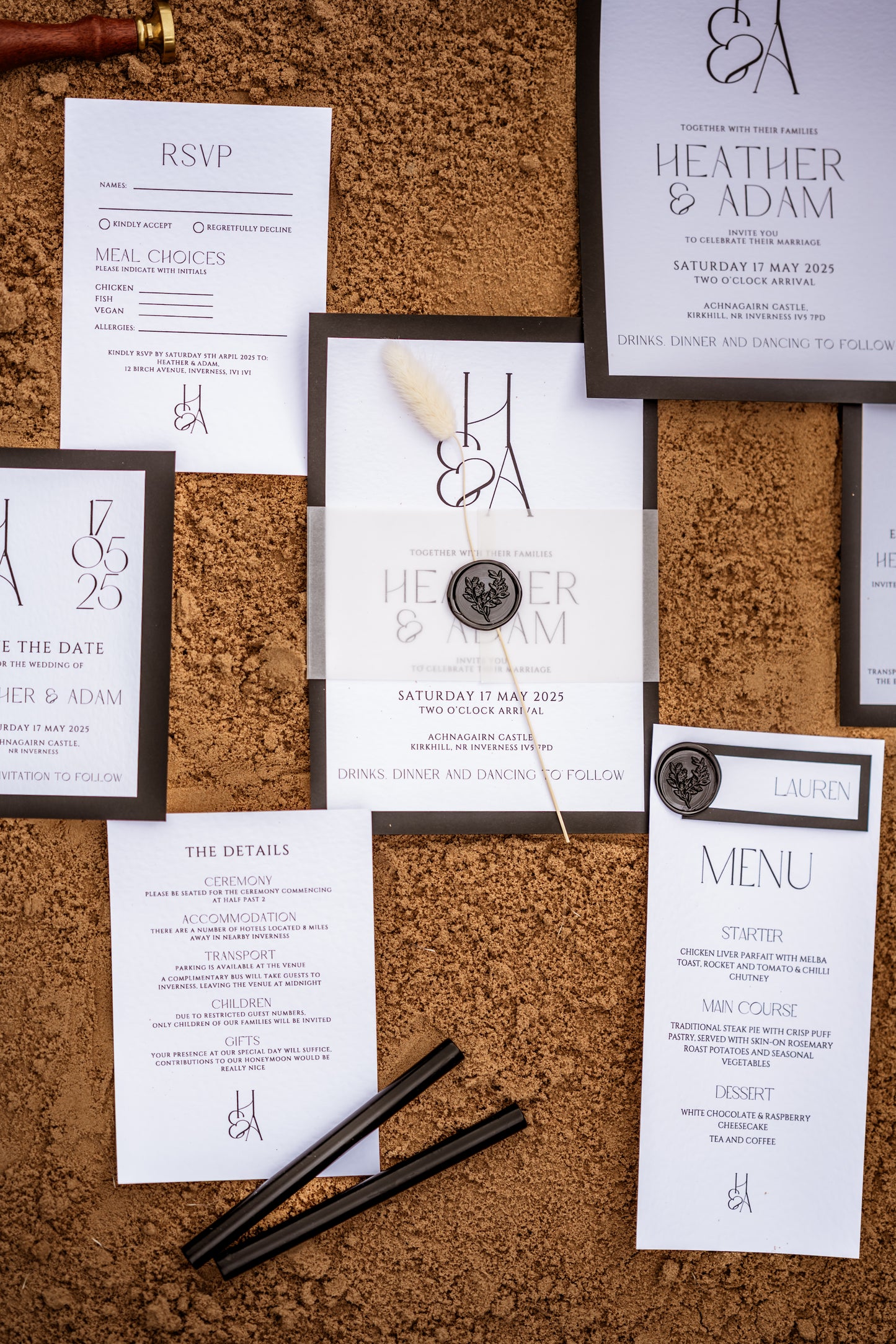 Minimalistic Black and White Wedding Guest Menu with Name Card - The Highland Suite