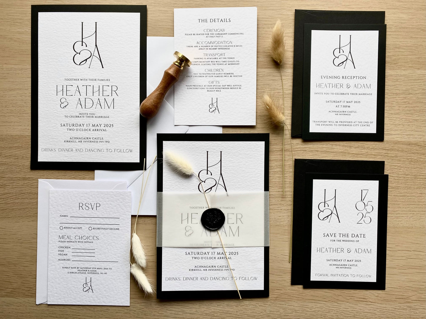 Minimalist wedding invitation suite, black and white design with modern typography and couple monogram, save the date, invitation and evening invite