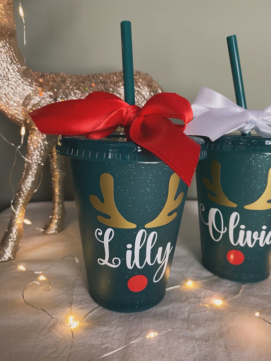Kids Christmas Personalised Rudolph Cold Cup| Stocking Filler, Christmas Eve Box, Gift for Kids | 16oz BPA Free | Green Glitter Reindeer Bow