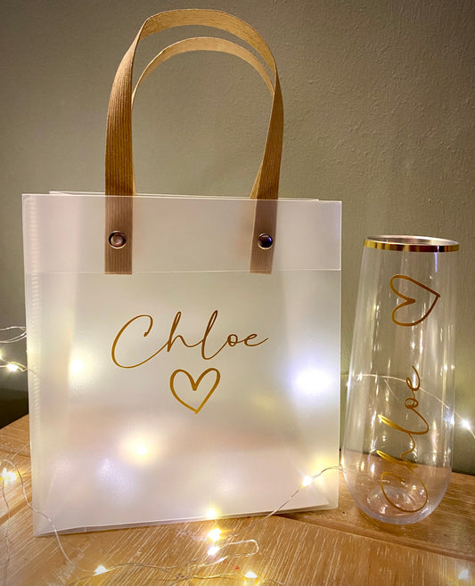 Christmas Gift Set | Personalised Stemless Plastic Flute and Gift Bag | Secret Santa Gift | Gift for her | Birthday Gift | Favour | Gold