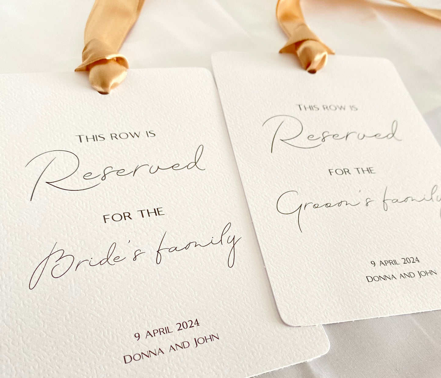 Wedding Ceremony Row Reservation Signs/Tags | Hammered White Card with Satin Ribbon