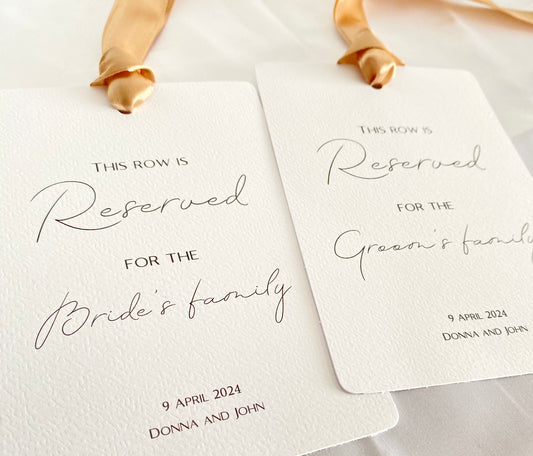 Wedding Ceremony Row Reservation Signs/Tags | Hammered White Card with Satin Ribbon