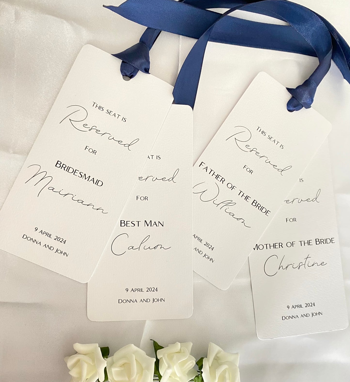 Wedding Ceremony Seat Reservation Signs/Tags | Hammered White Card with Satin Ribbon