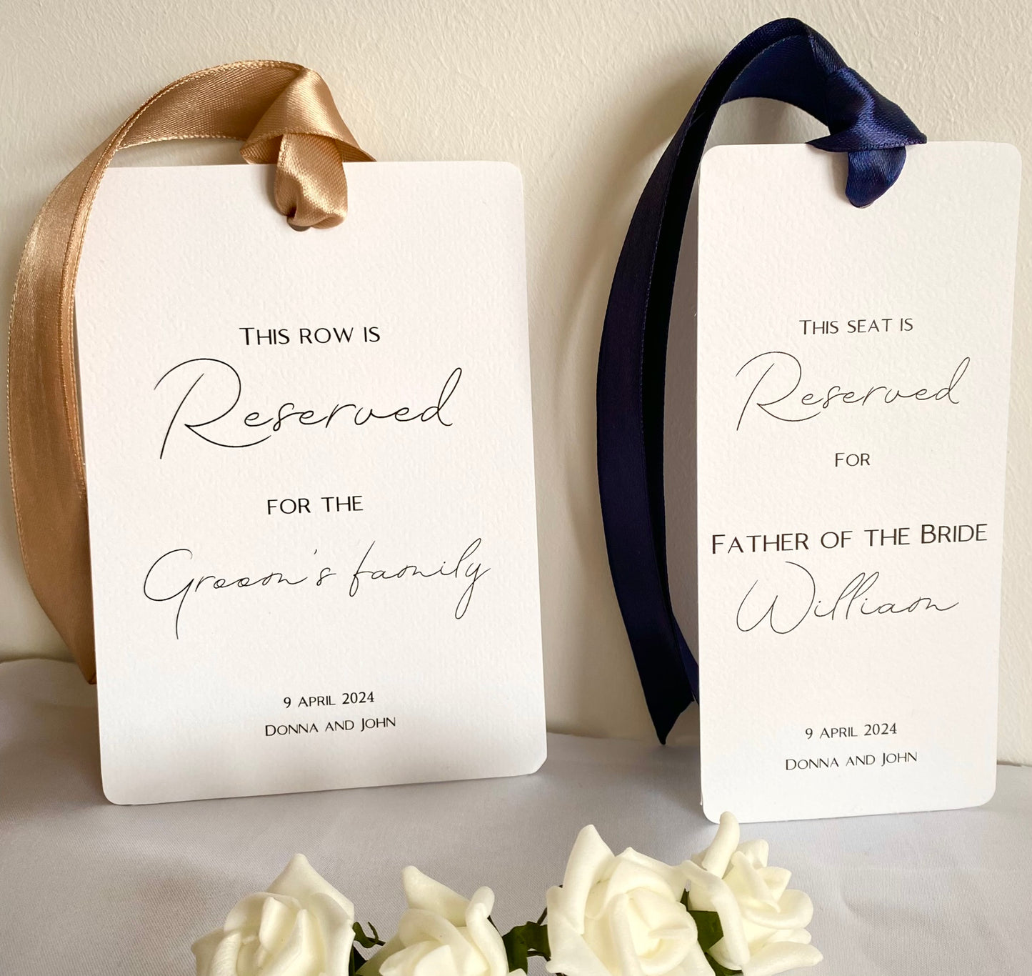 Wedding Ceremony Seat Reservation Signs/Tags | Hammered White Card with Satin Ribbon