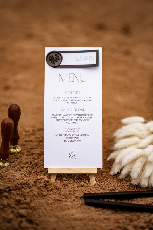 Minimalistic Black and White Wedding Guest Menu with Name Card - The Highland Suite