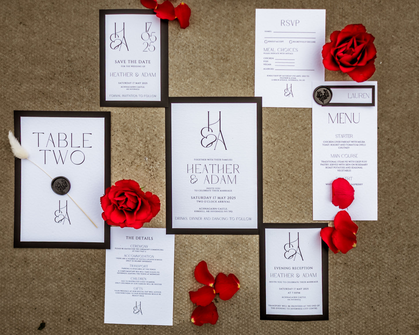 Minimalistic Black and White Wedding Guest Menu with Name Card - The Highland Suite
