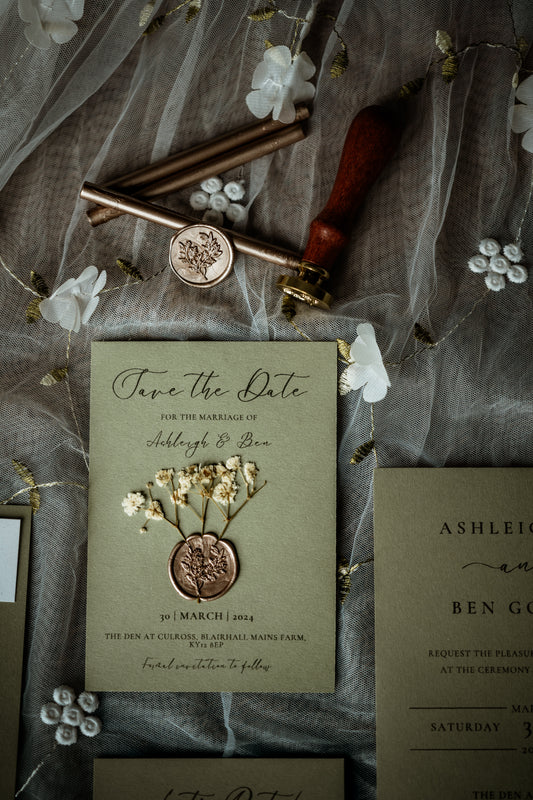 Rustic Sage Green Wedding Save the Date - The Culross Suite