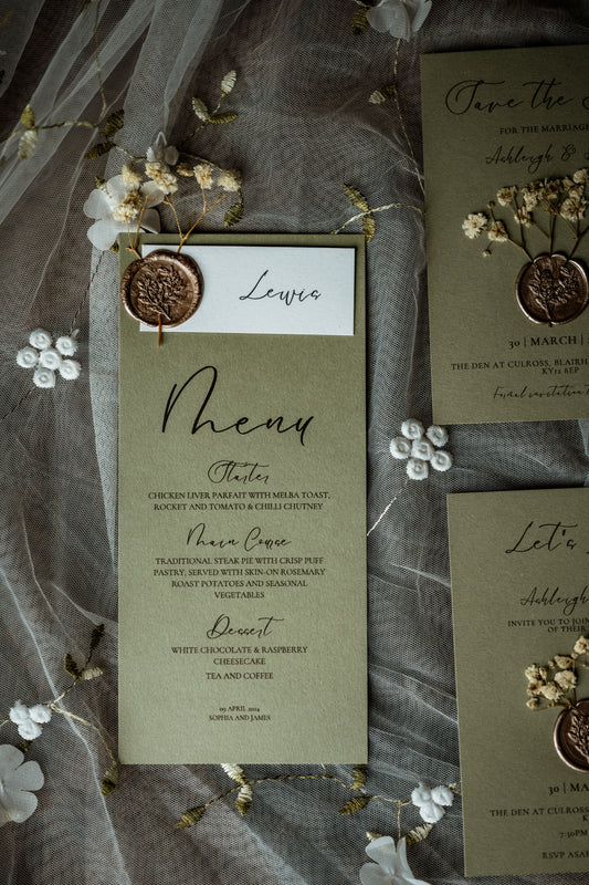 Rustic Sage Green Wedding Personalised Menu - The Culross Suite