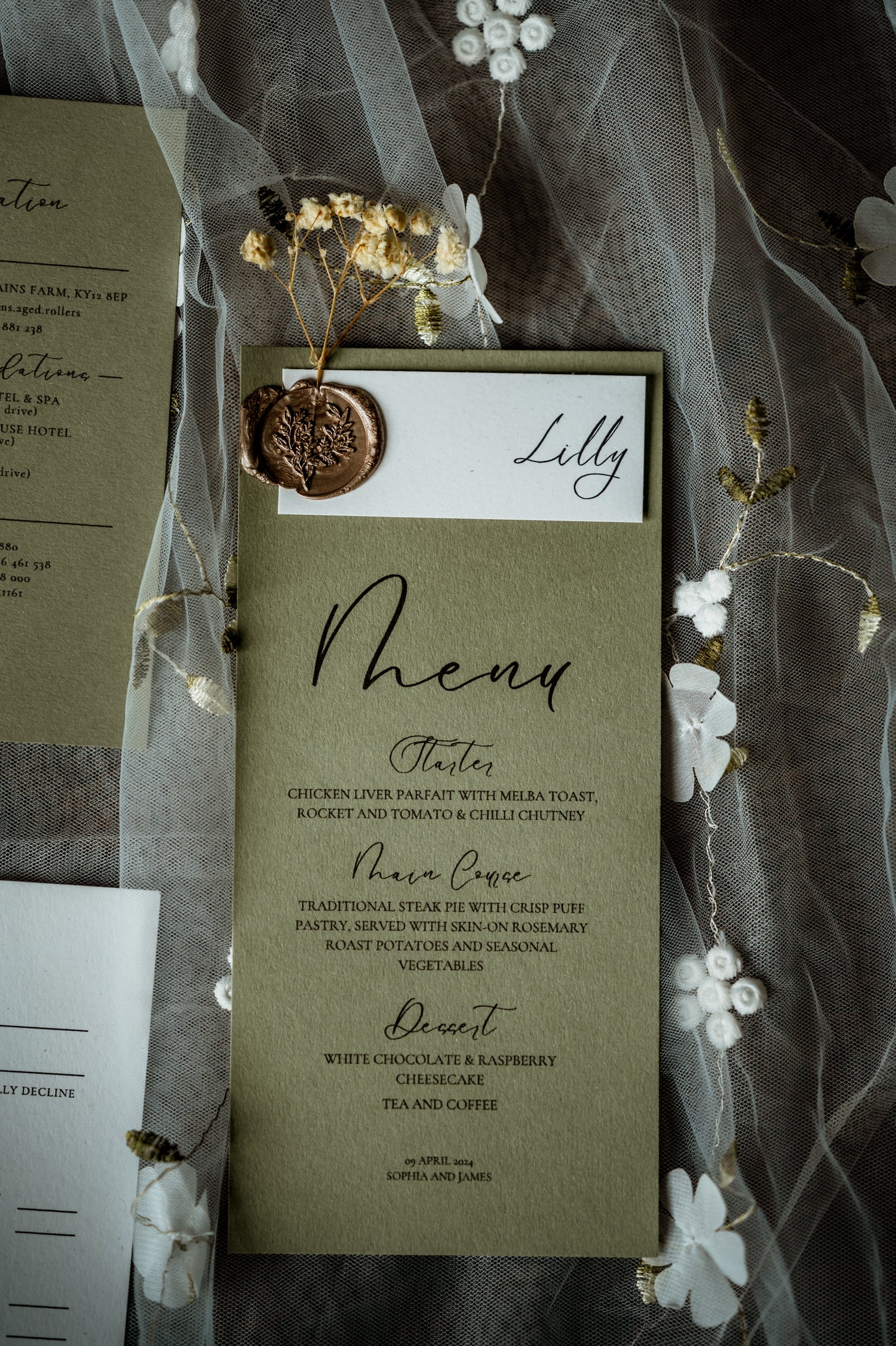 Rustic Sage Green Wedding Personalised Menu - The Culross Suite